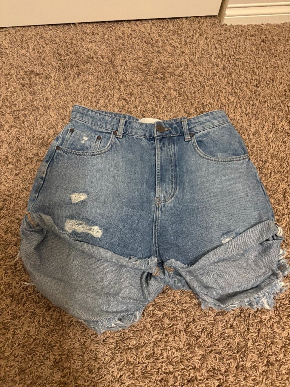 One Teaspoon Jean Shorts Size 30 Light Blue Denim Raw Hem Distressed Button Fly